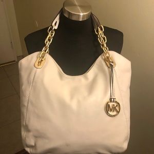 Michael Kors Lilly Vanilla White Large Shoulder Tote Bag w/Gold Logo Emblem